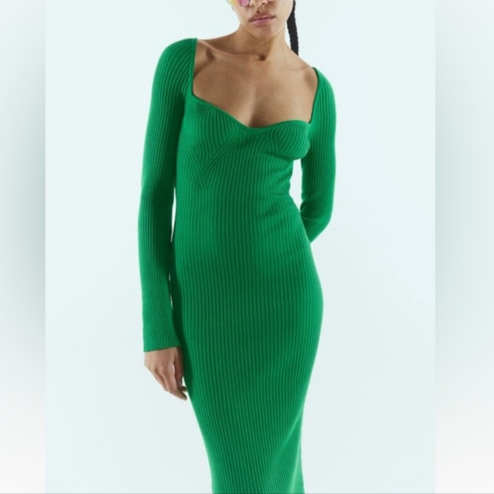 H&M Rib-Knit Green Dress – Women’s Medium, Long Sleeves & Stretch Fit, Brand New
